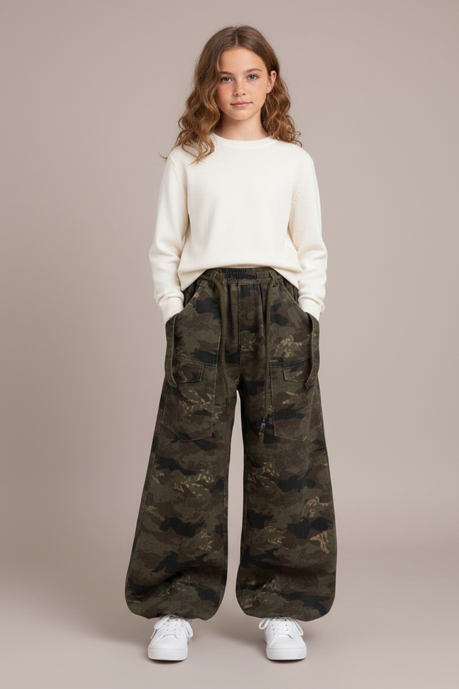 Pantalon Parachute Camouflage Ample Cargo Fille - Kaki Molleton