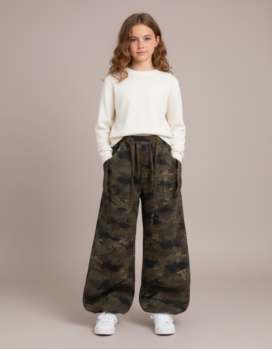 Pantalon Parachute Camouflage Ample Cargo Fille - Kaki Molleton