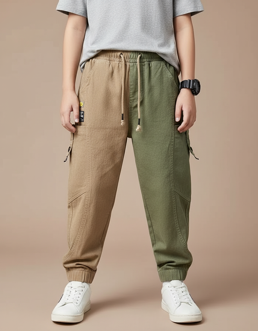 Pantalon Parachute Bicolore Cargo Ample Garçon Coton Sport - Multicolore