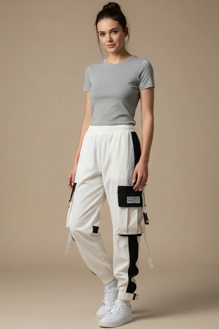 Pantalon Parachute Blanc Cargo Bicolore Femme Ample Techwear - Polyester