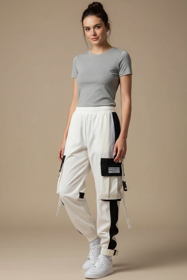 Pantalon Parachute Blanc Cargo Bicolore Femme Ample Techwear - Polyester
