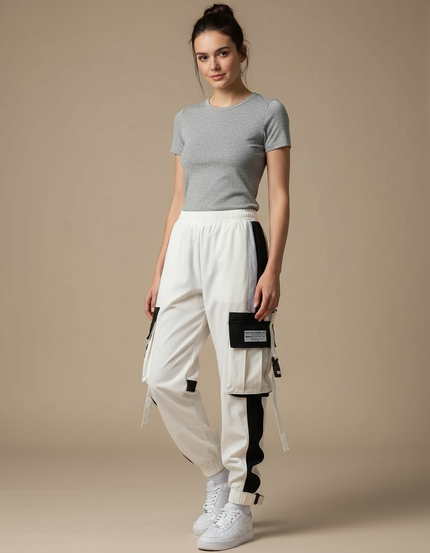 Pantalon Parachute Blanc Cargo Bicolore Femme Ample Techwear - Polyester