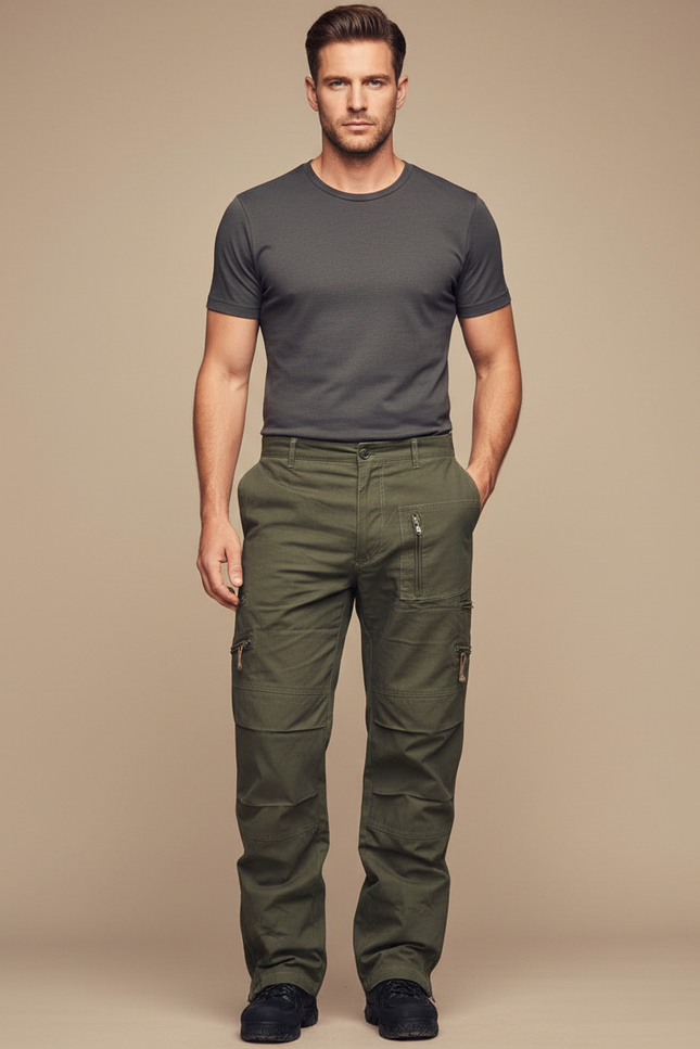 Pantalon Parachute Kaki Cargo Coton Multi-Poches Homme