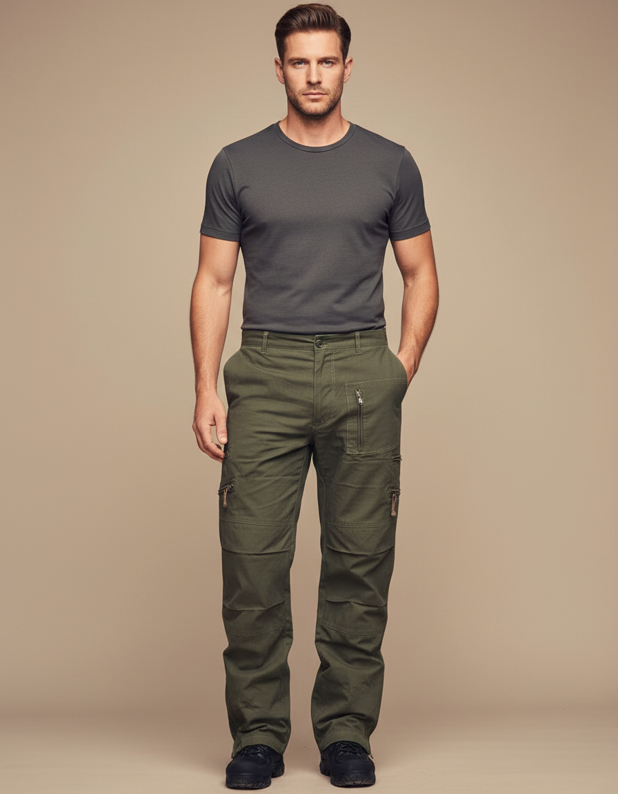 Pantalon Parachute Kaki Cargo Coton Multi-Poches Homme