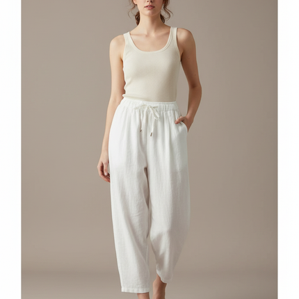 Pantalon Parachute Blanc Lin Ample Décontracté Femme