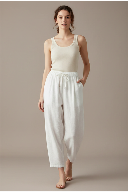 Pantalon Parachute Blanc Lin Ample Décontracté Femme