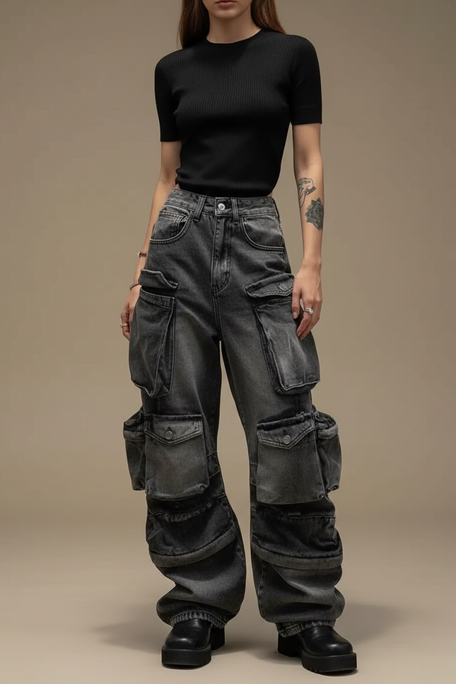Pantalon Parachute Denim Ample Cargo Gris Délavé Femme - Jean
