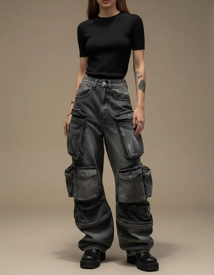 Pantalon Parachute Denim Ample Cargo Gris Délavé Femme - Jean