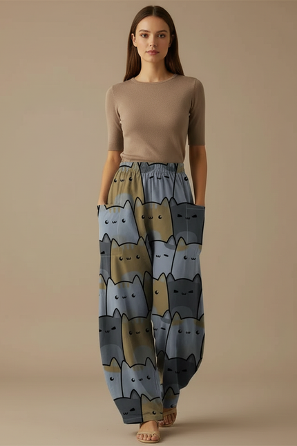 Pantalon Parachute Chat Imprimé Ample Décontracté Femme - Viscose