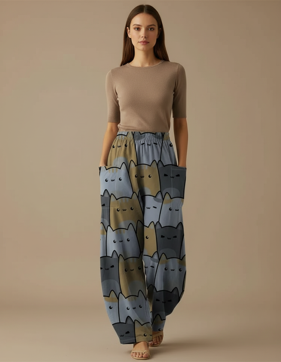 Pantalon Parachute Chat Imprimé Ample Décontracté Femme - Viscose