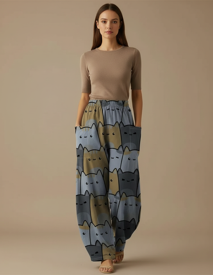 Pantalon Parachute Chat Imprimé Ample Décontracté Femme - Viscose