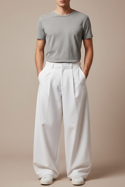 Pantalon Parachute Blanc Ample Homme Décontracté Fluide - Coton