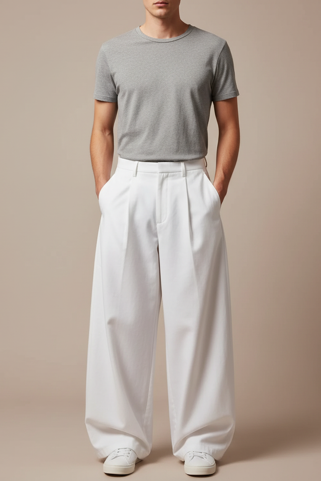 Pantalon Parachute Blanc Ample Homme Décontracté Fluide - Coton