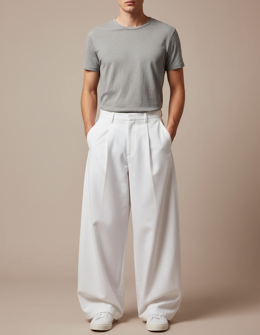 Pantalon Parachute Blanc Ample Homme Décontracté Fluide - Coton