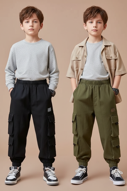 Pantalon Parachute Cargo Ample Garçon Noir Kaki - Toile