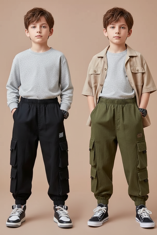 Pantalon Parachute Cargo Ample Garçon Noir Kaki - Toile
