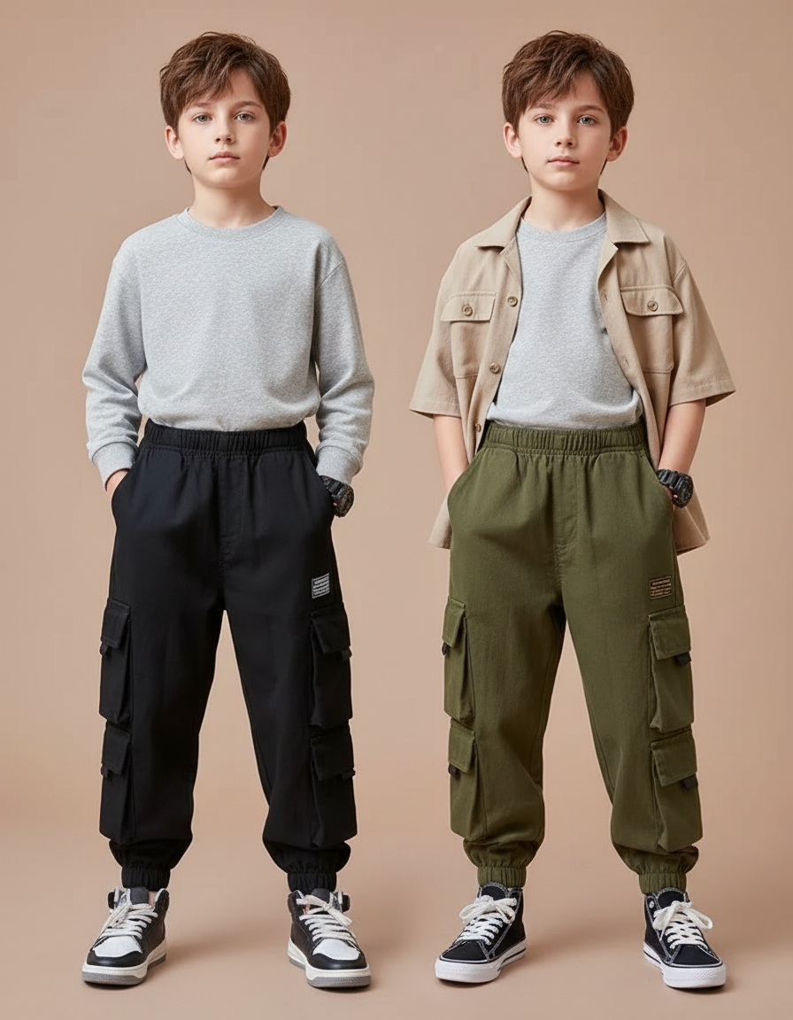 Pantalon Parachute Cargo Ample Garçon Noir Kaki - Toile