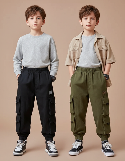 Pantalon Parachute Cargo Ample Garçon Noir Kaki - Toile