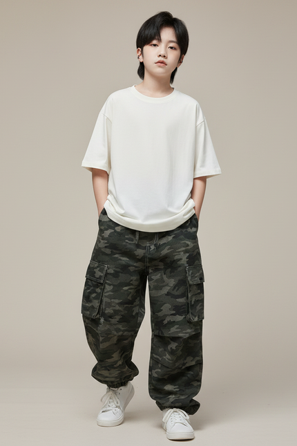 Pantalon Parachute Camouflage Ample Cargo Enfant Streetwear - Kaki Jean