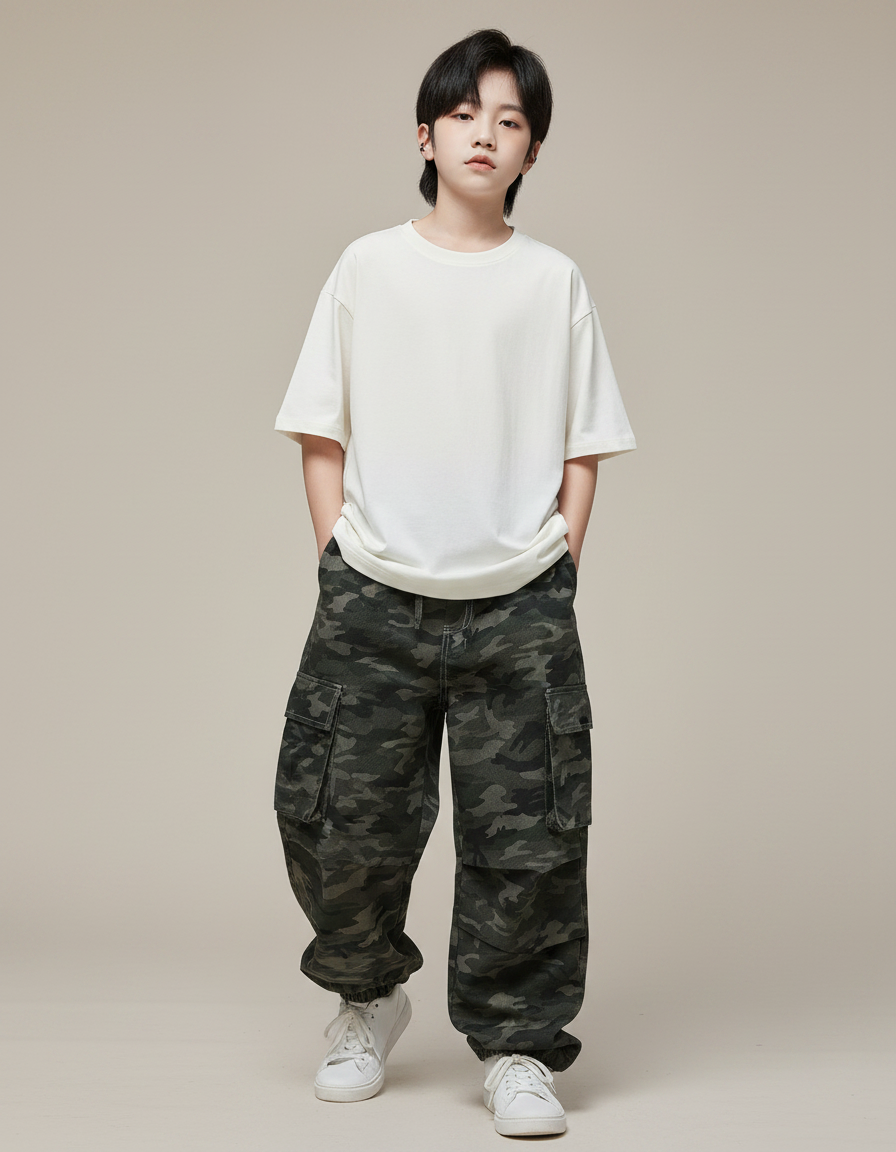 Pantalon Parachute Camouflage Ample Cargo Enfant Streetwear - Kaki Jean