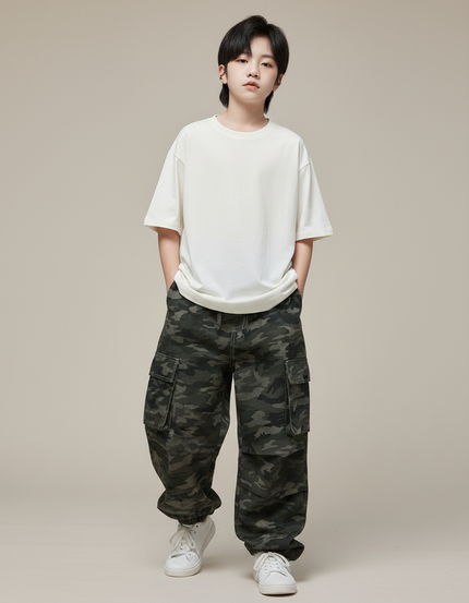Pantalon Parachute Camouflage Ample Cargo Enfant Streetwear - Kaki Jean