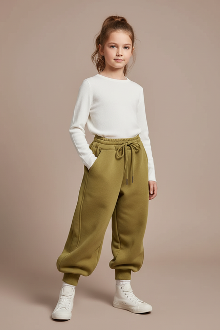 Pantalon Parachute Kaki Ample Molletonné Élastique Confortable Fille