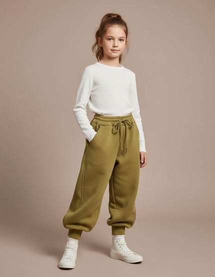 Pantalon Parachute Kaki Ample Molletonné Élastique Confortable Fille