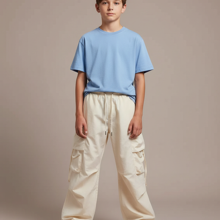 Pantalon Parachute Beige Ample Cargo Cordon Unisexe - Coton