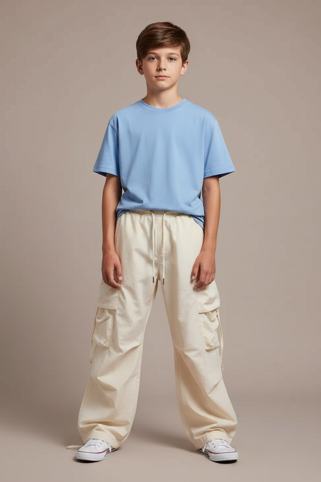 Pantalon Parachute Beige Ample Cargo Cordon Unisexe - Coton