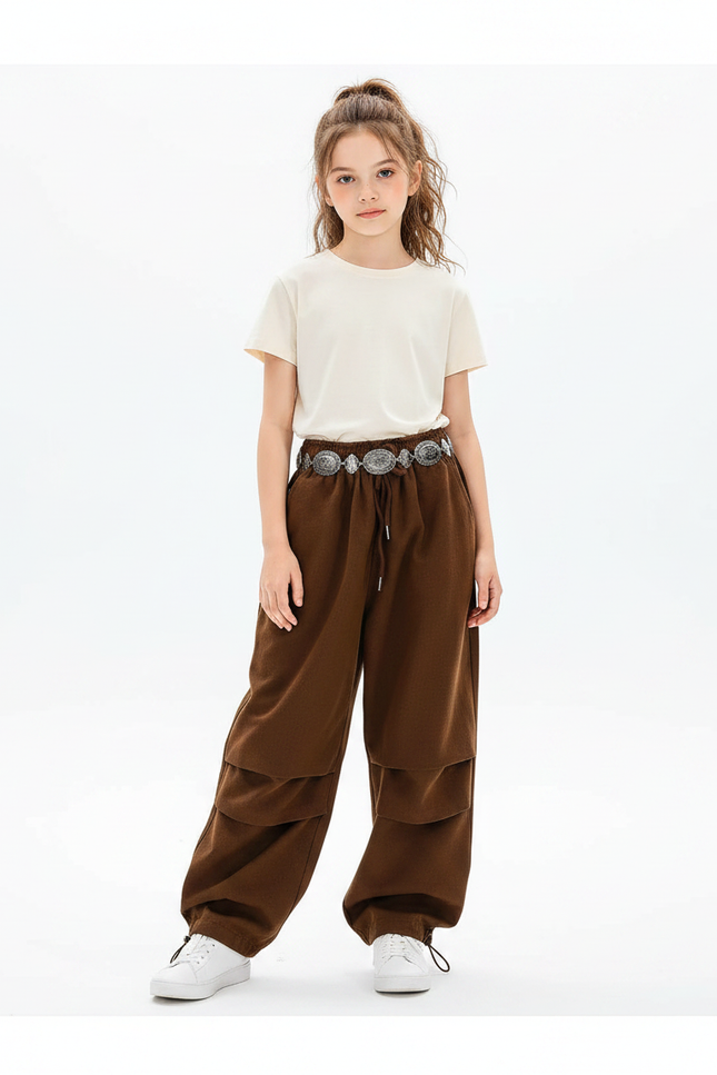 Pantalon Parachute Marron Ample Cargo Décontracté Fille - Molleton