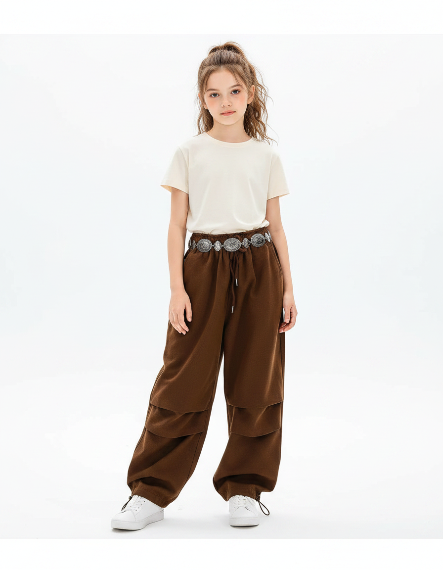 Pantalon Parachute Marron Ample Cargo Décontracté Fille - Molleton