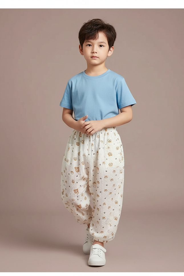 Pantalon Parachute Blanc Ample Motif Ours Enfant - Coton