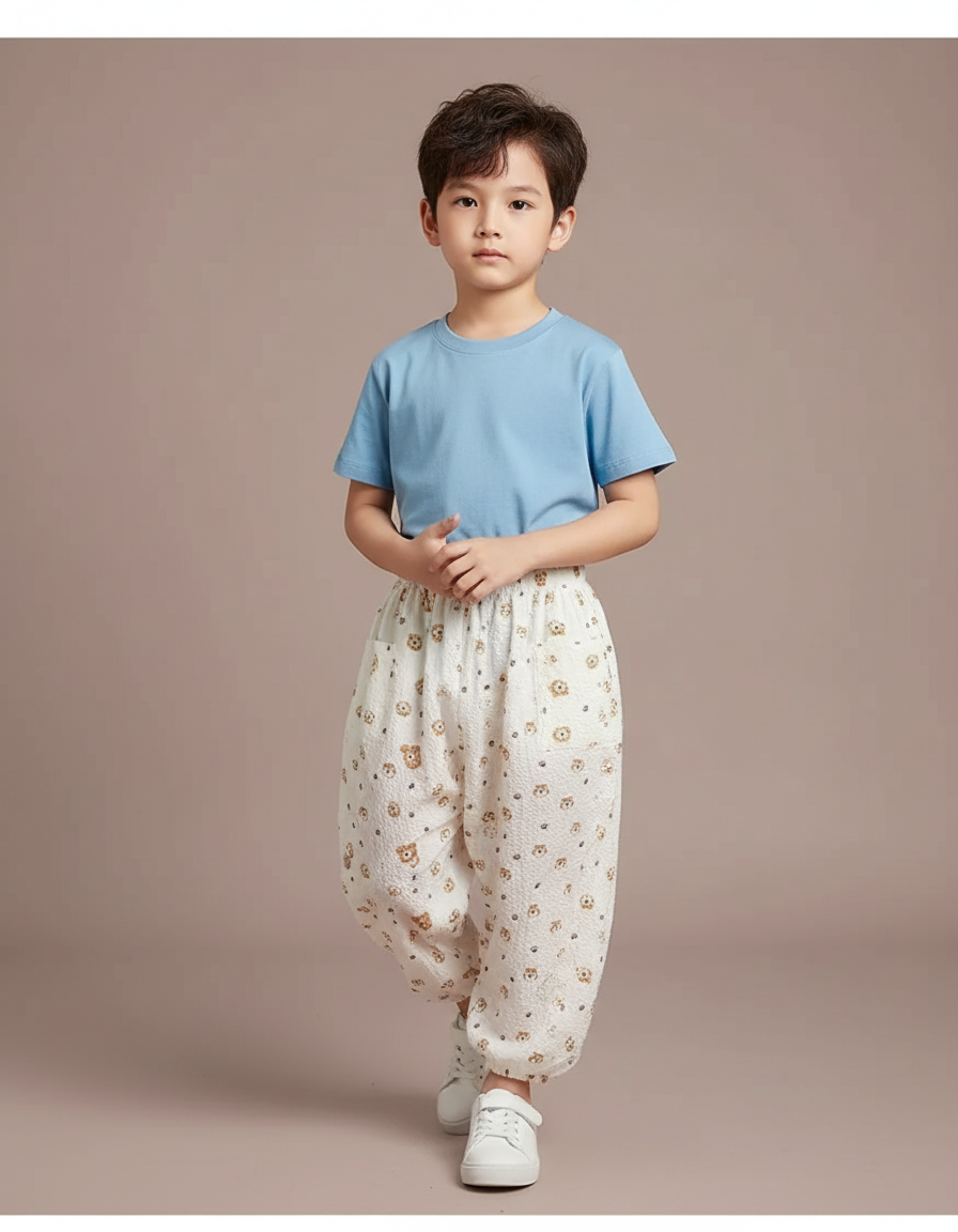 Pantalon Parachute Blanc Ample Motif Ours Enfant - Coton
