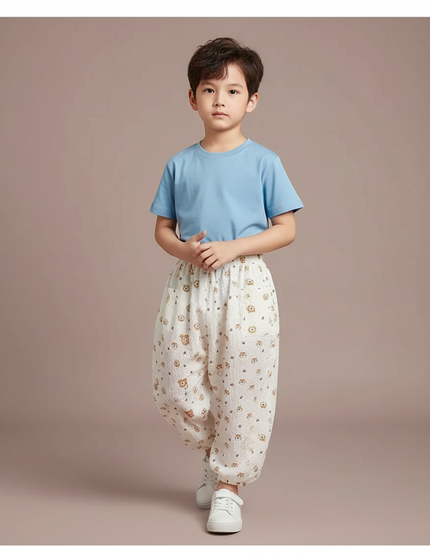 Pantalon Parachute Blanc Ample Motif Ours Enfant - Coton
