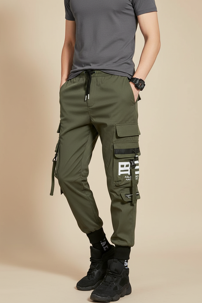 Pantalon Parachute Kaki Cargo Imprimé Cordon Jogger Streetwear - Polyester