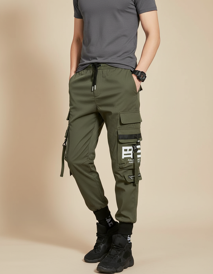 Pantalon Parachute Kaki Cargo Imprimé Cordon Jogger Streetwear - Polyester