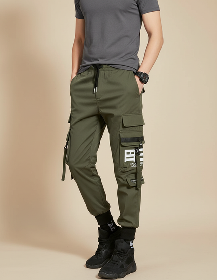 Pantalon Parachute Kaki Cargo Imprimé Cordon Jogger Streetwear - Polyester