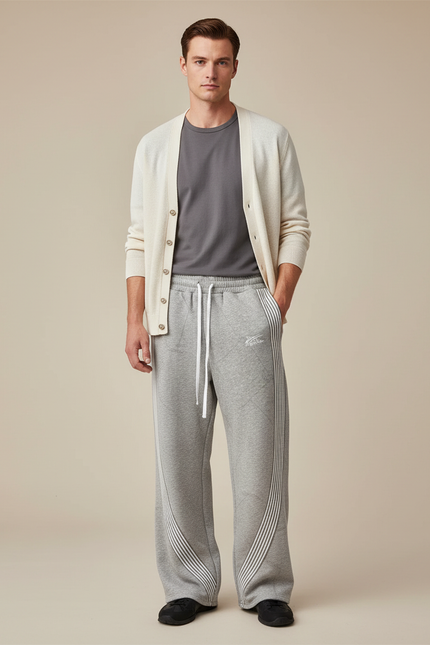 Pantalon Parachute Gris Molleton Ample Rayures Streetwear