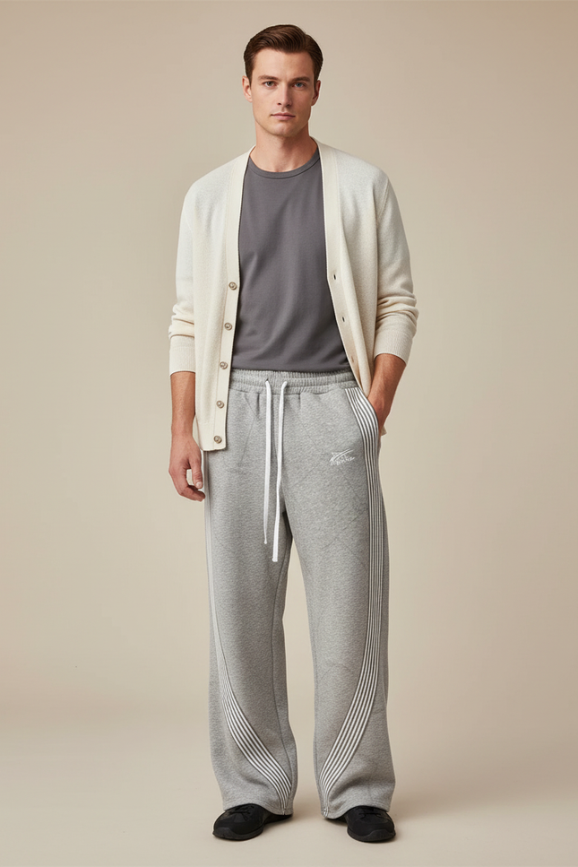 Pantalon Parachute Gris Molleton Ample Rayures Streetwear
