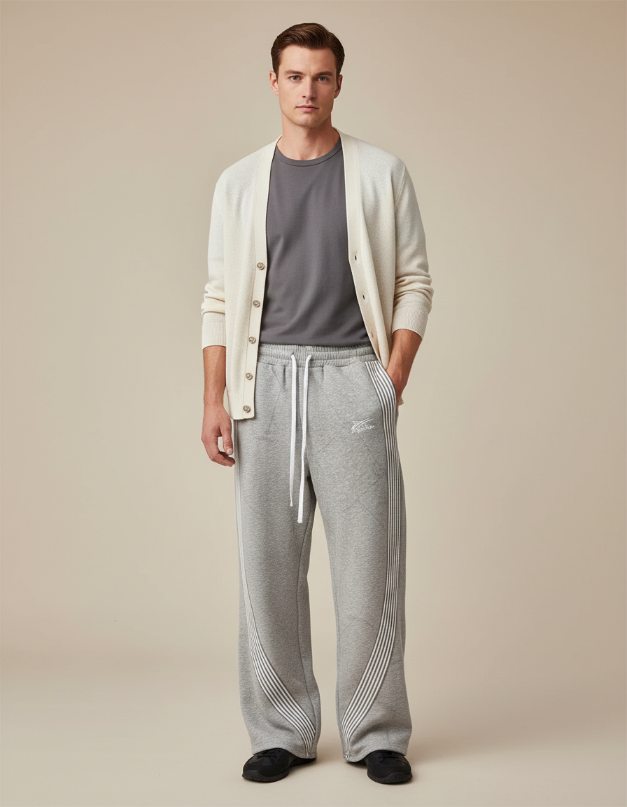 Pantalon Parachute Gris Molleton Ample Rayures Streetwear