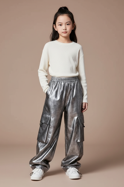 Pantalon Parachute Métallisé Argenté Cargo Ample Enfant - Simili cuir