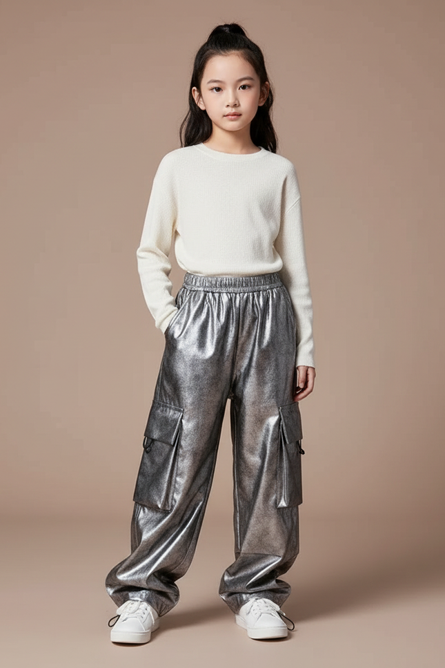 Pantalon Parachute Métallisé Argenté Cargo Ample Enfant - Simili cuir