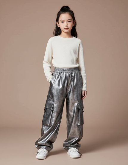 Pantalon Parachute Métallisé Argenté Cargo Ample Enfant - Simili cuir