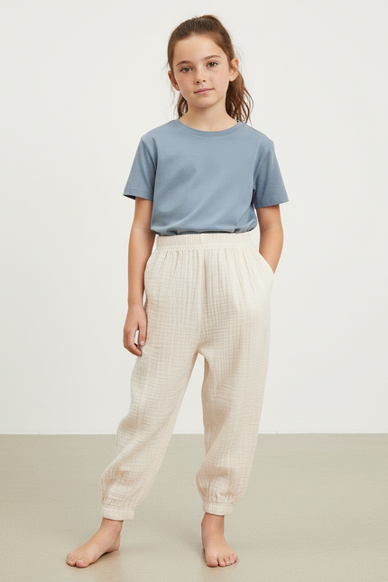 Pantalon Parachute Crème Ample Coton Enfant Doux - Beige