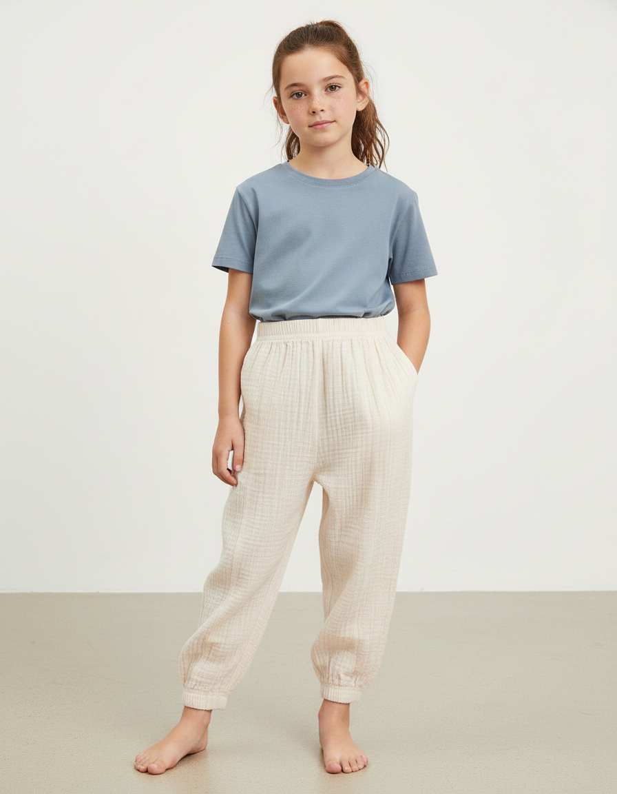 Pantalon Parachute Crème Ample Coton Enfant Doux - Beige