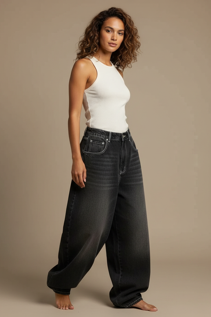 Pantalon Parachute Noir Délavé Ample Denim Y2K - Gris Jean