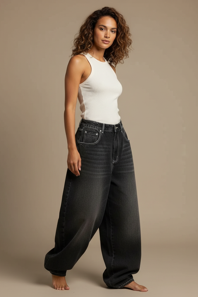 Pantalon Parachute Noir Délavé Ample Denim Y2K - Gris Jean