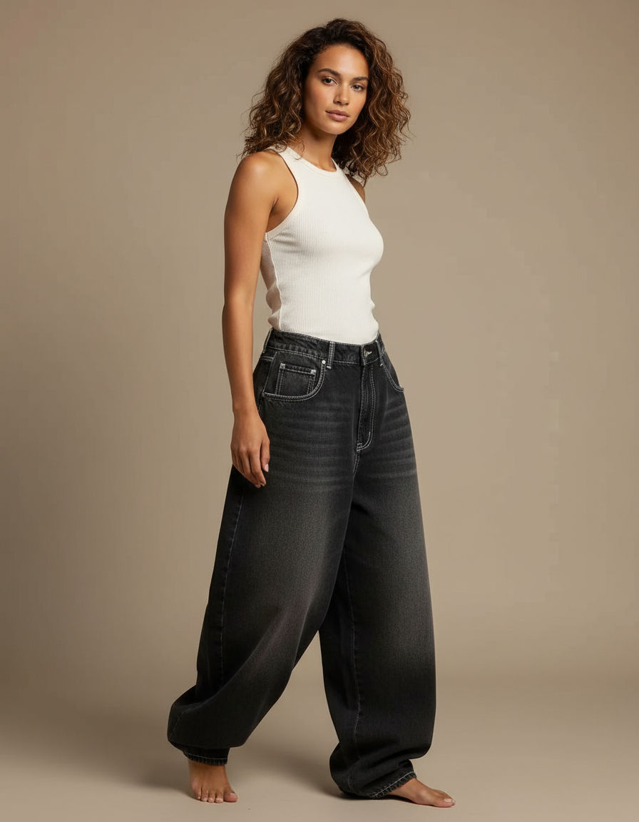 Pantalon Parachute Noir Délavé Ample Denim Y2K - Gris Jean