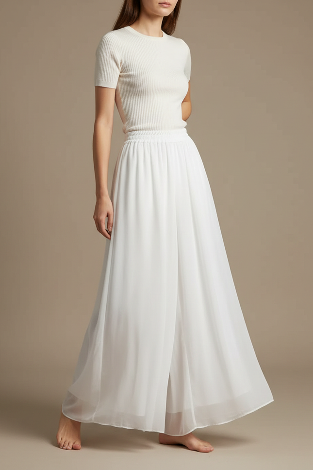 Pantalon Parachute Blanc Fluide Taille Haute Chiffon - Polyester
