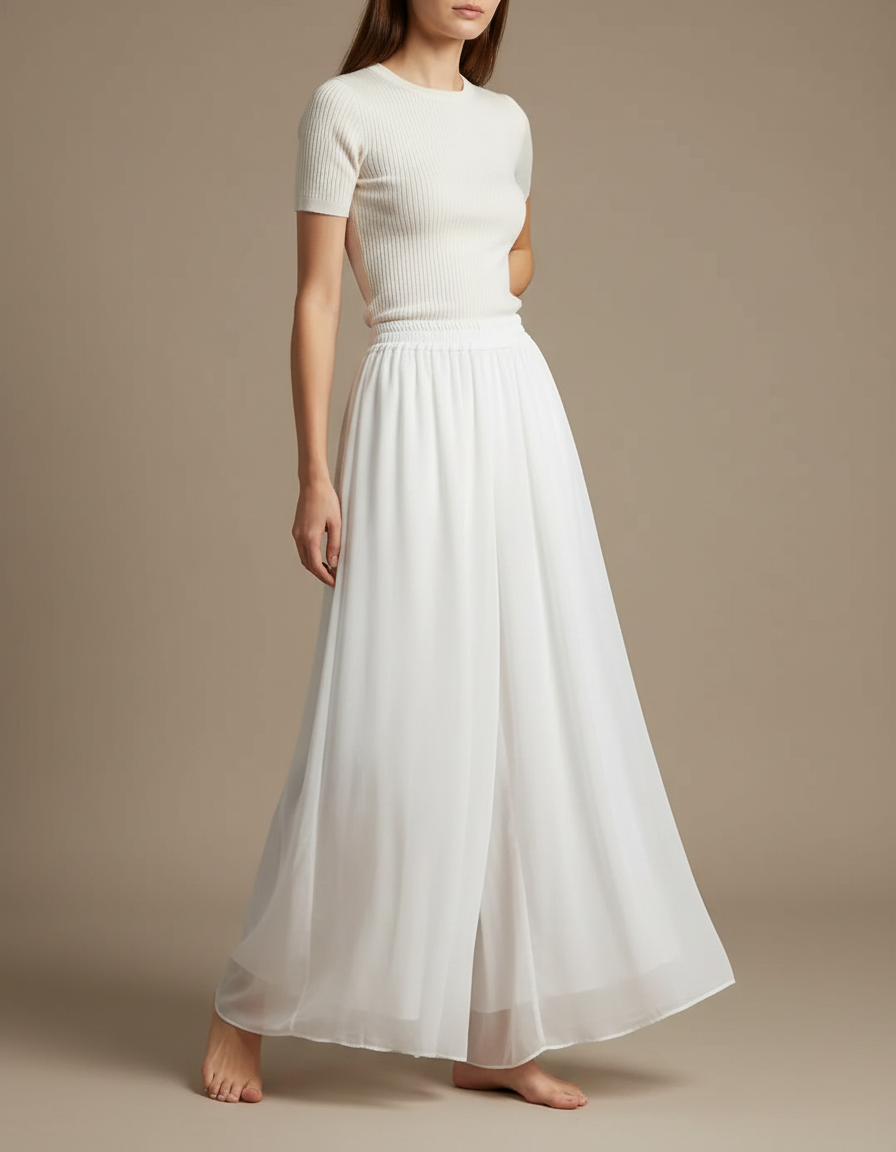Pantalon Parachute Blanc Fluide Taille Haute Chiffon - Polyester